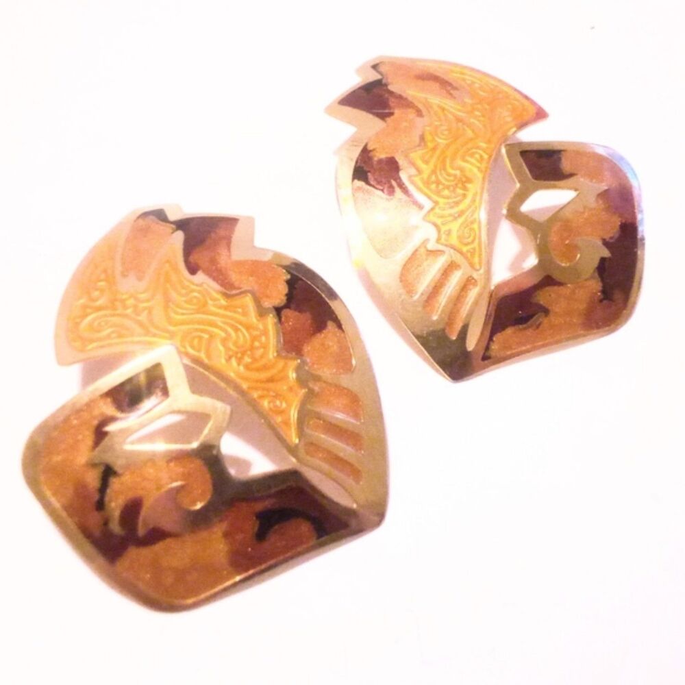 Vintage Berebi Large Gold Tone Enamel Abstract Statement Earrings